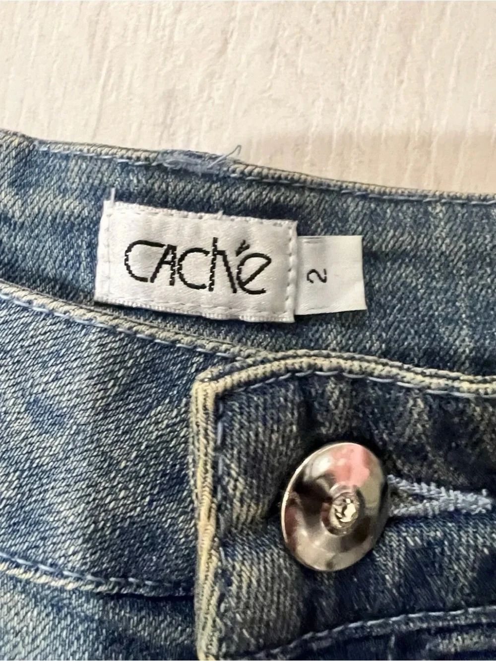 Vintage Cache Y2K Dark Blue Flared Jeans with Silver Rhinestone Embellishment